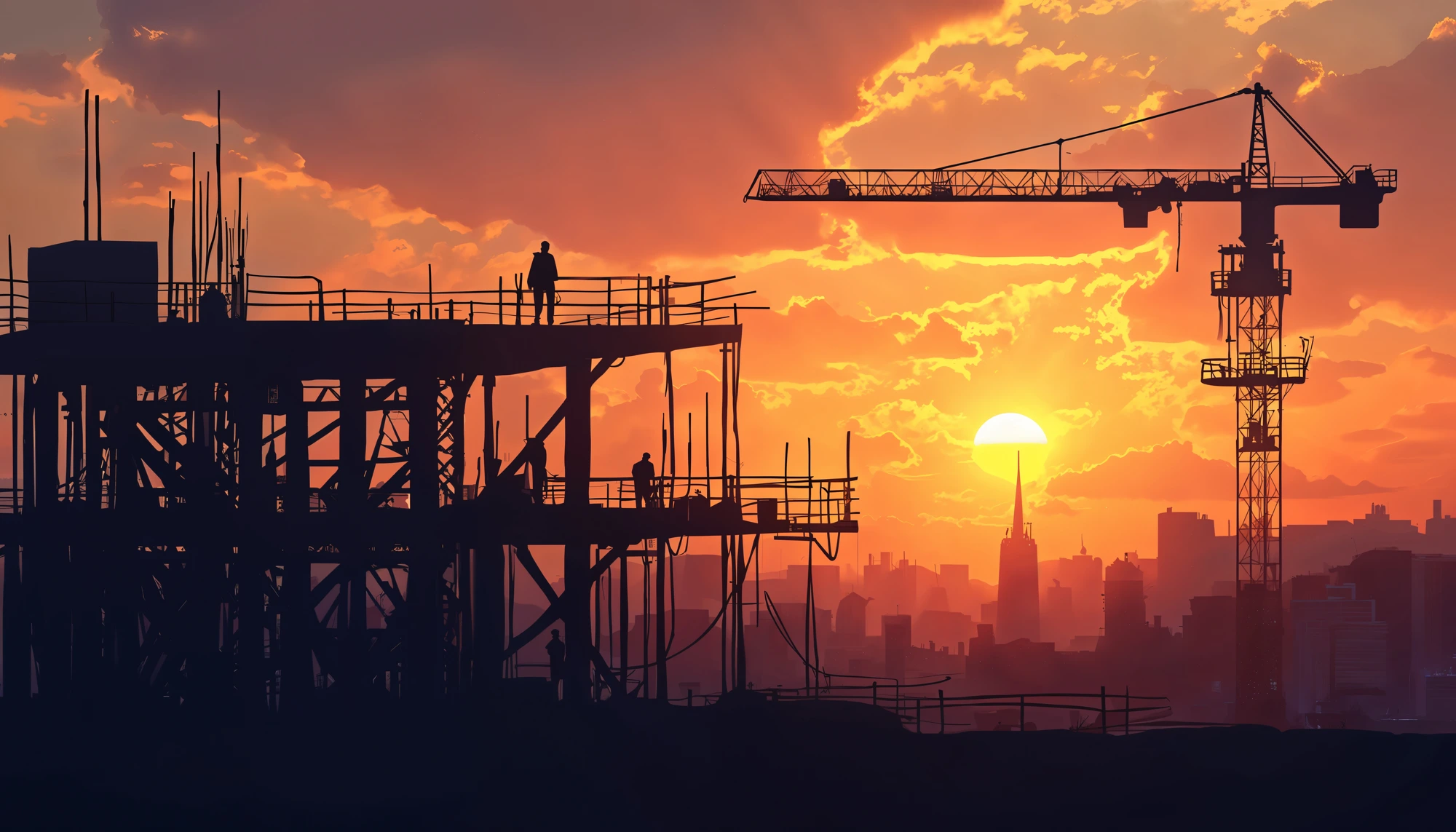 Construction site at sunset with a tower crane